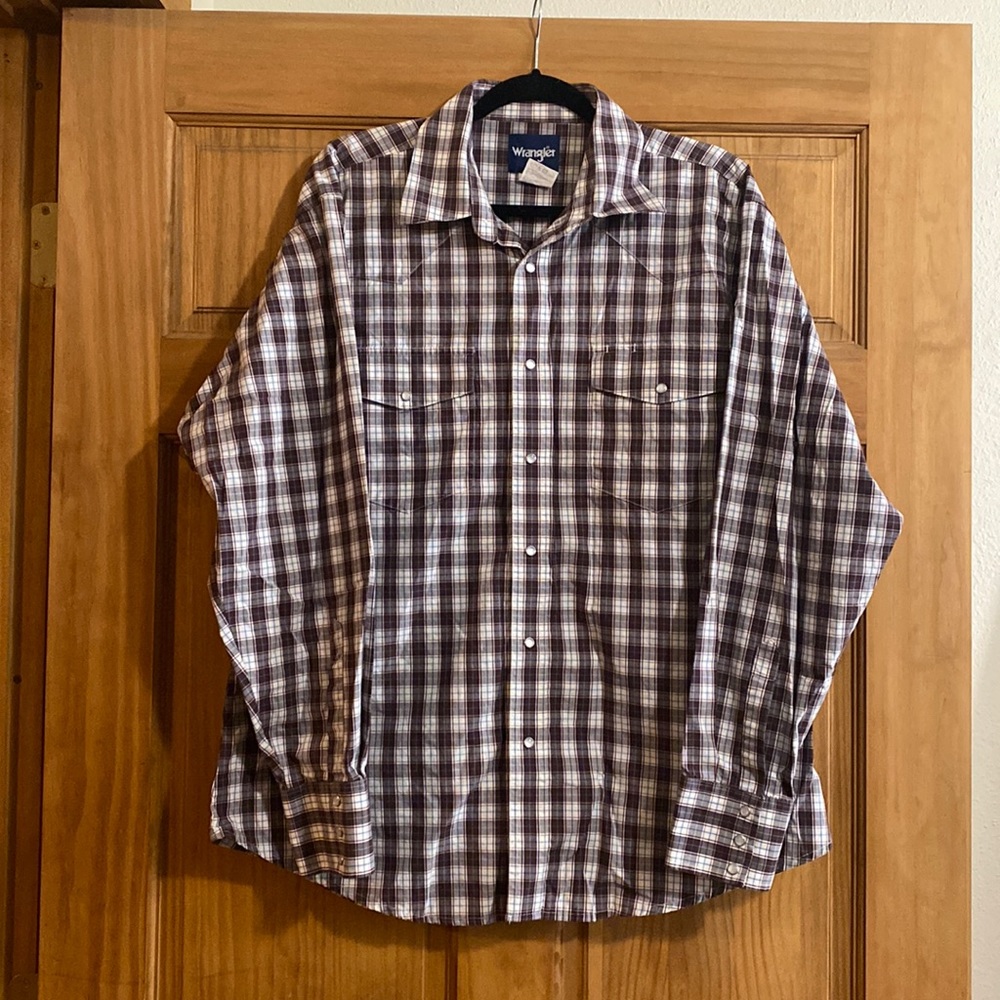 Wrangler Pearl Snap Button Up Shirt Brown Maroon Blue and White - XL